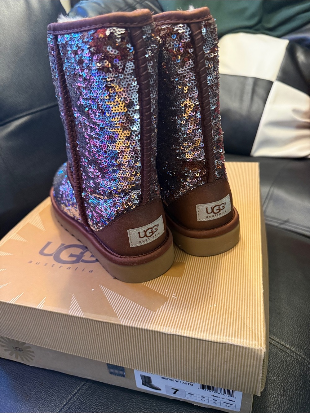 UGG Multicolor Sequin Classic Short Boot with Brown Trim